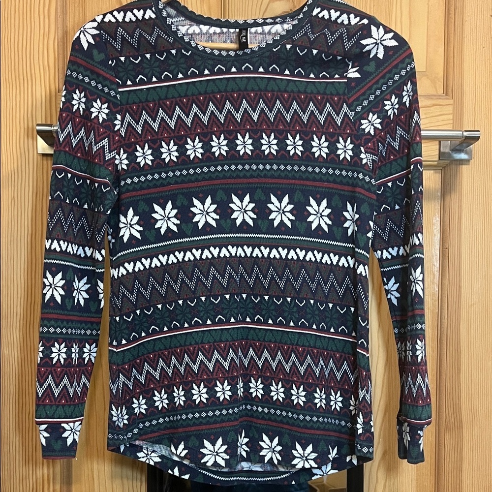 Adore Me Festive Patterned Long Sleeve Top - Black, White, Red, Green Sz L